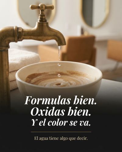 Torneira de salão de cabeleireiro com tigela e texto: Você formula bem. Oxida bem. E a cor vai embora.