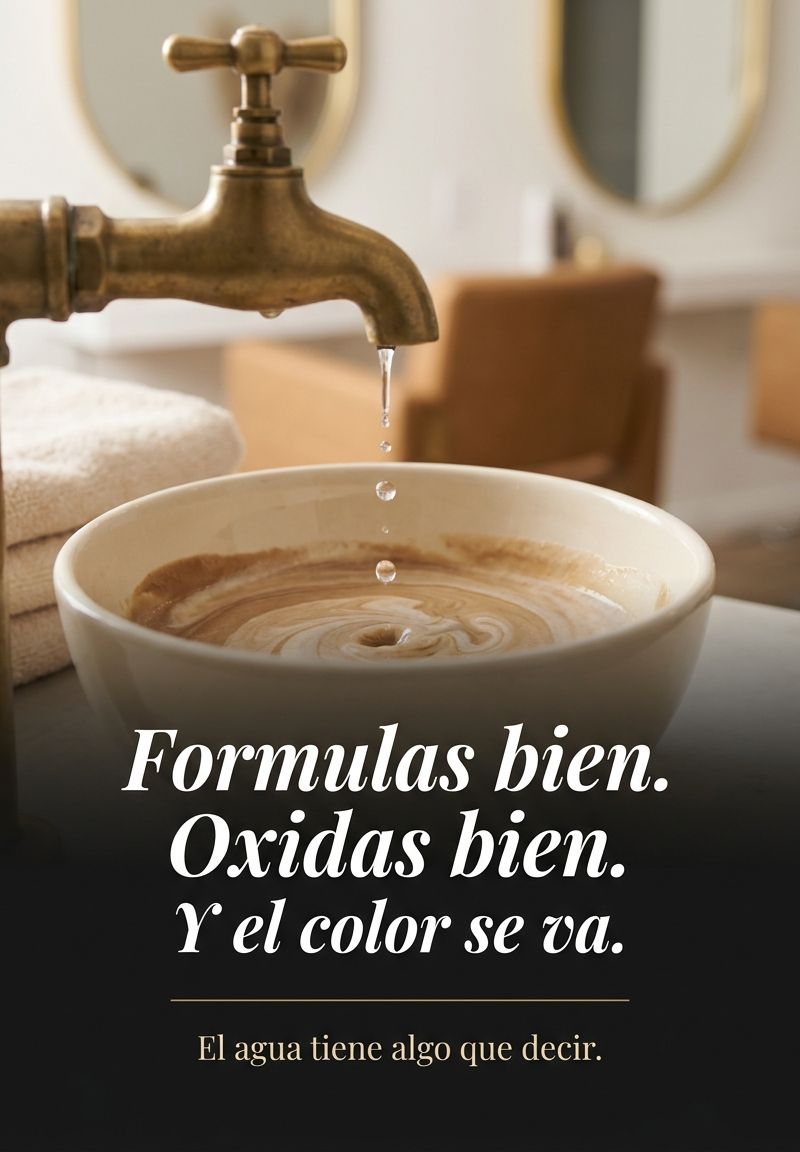 Grifo de salón de peluquería con bowl y texto: Formulas bien. Oxidas bien. Y el color se va.