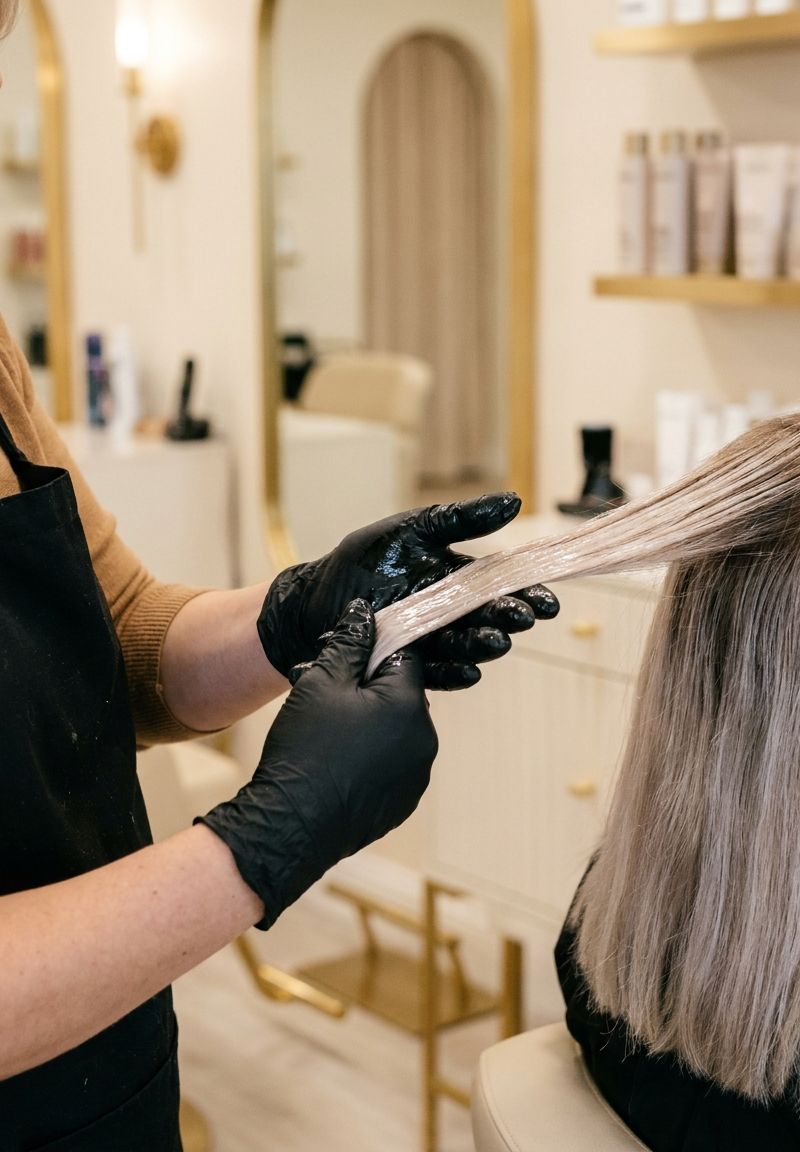 Colorist sealing the cuticle of cool blonde hair in a salon before summer