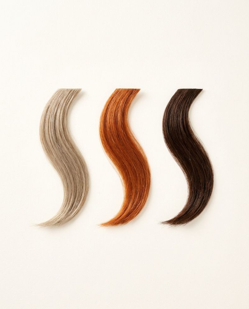 Tres mechones de color sobre superficie crema: rubio ceniza, cobre y castaño oscuro
