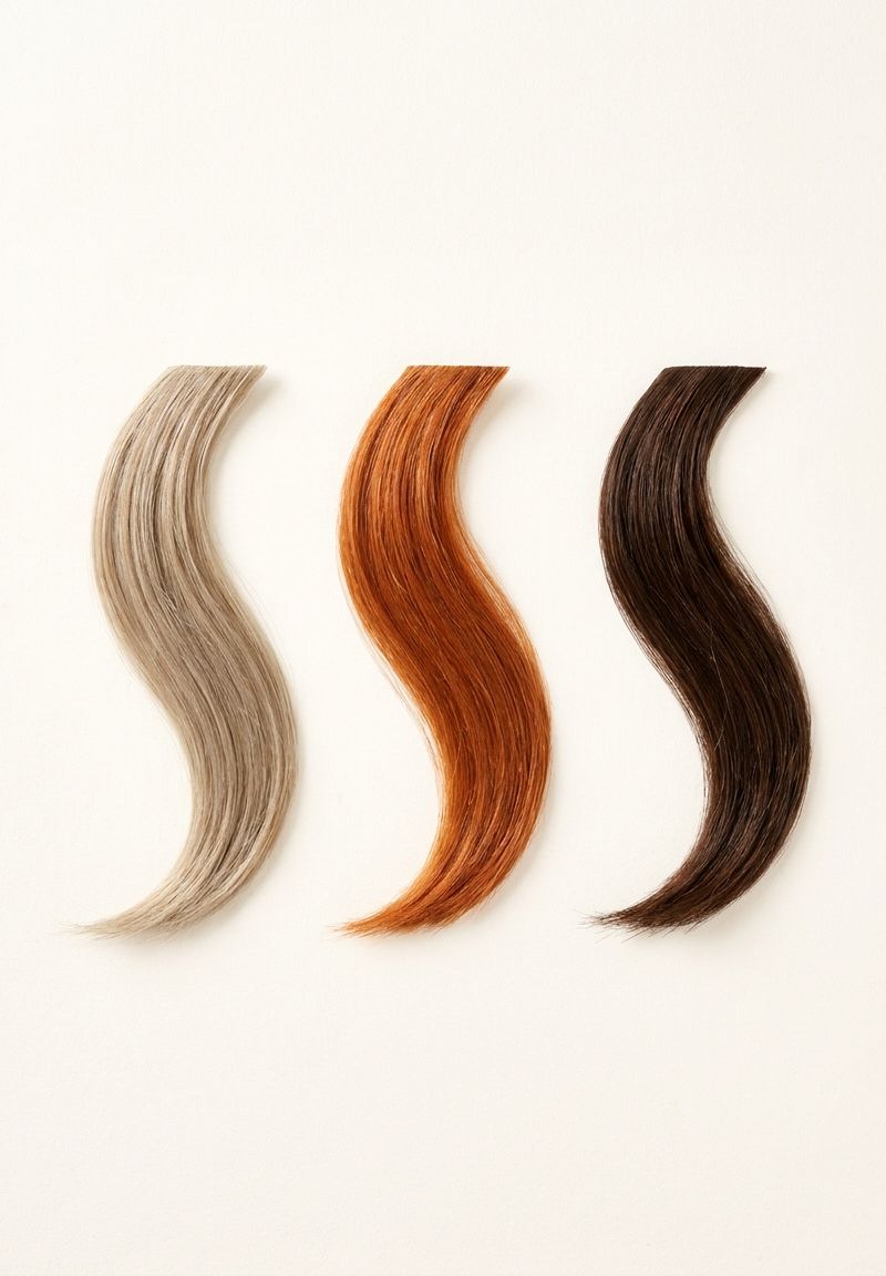 Three hair swatches on a cream surface: ash blonde, copper and dark brown